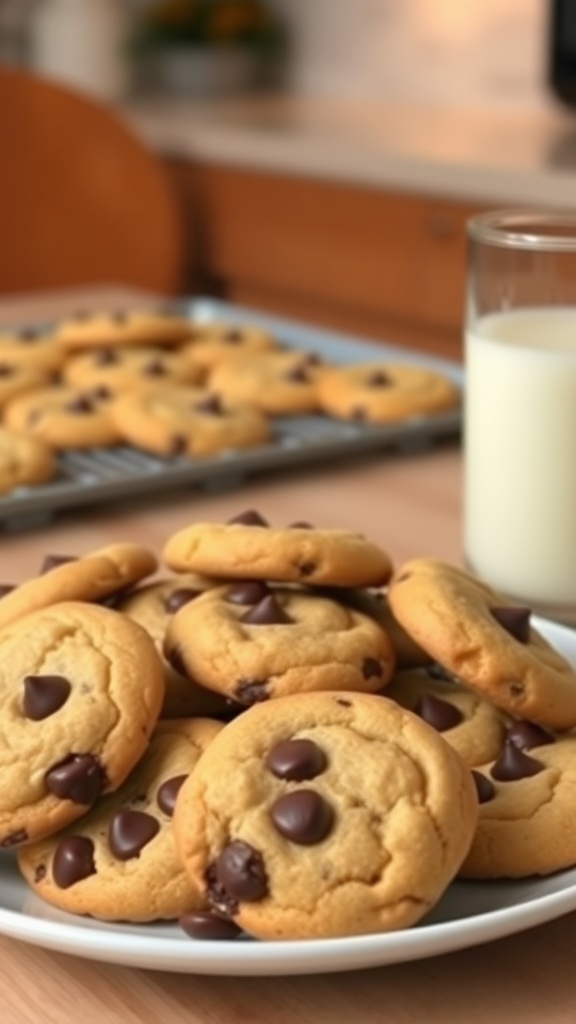 A close-up of chewy chocolate chip cookies on a plate with melted chocolate chips, served with a glass of milk.